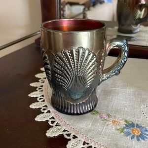 Dugan-Diamond Beaded Shell Carnival Glass Mug Amethyst.